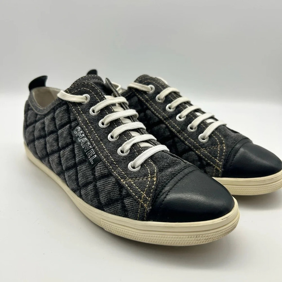 CHANEL Shoes - Chanel quilted denim leather lined low top sneakers shoes authentic 38